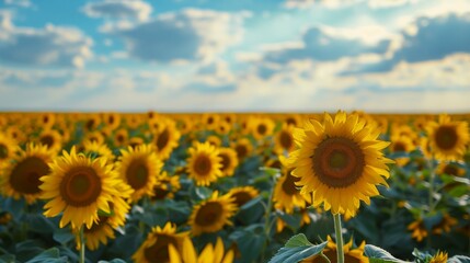 Obraz premium Vast Field of Sunflowers Under Cloudy Blue Sky, Summer Day