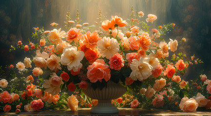 A bunch of flowers with an oval vase in the style of 