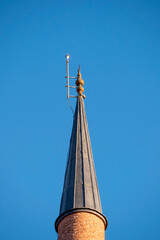 Ankara, Turkey-January 22, 2024: Close-up of the minaret of Hacı Bayram Veli Mosque, one of the examples of Ottoman Turkish Architecture.