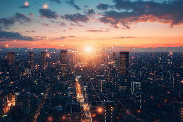 Sunset view of a smart cityscape interconnected with glowing network lines, symbolizing communication and technology in urban spaces.
