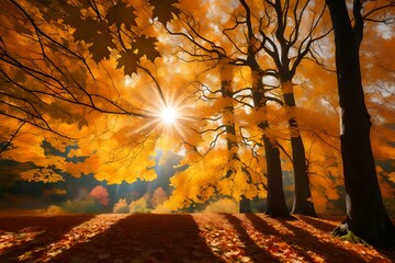 Naklejka na ściany i meble rays of the sun leaf fall autumn background landscape golden fall
