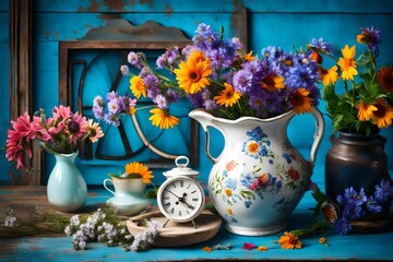 Wild fresh flowers in porcelain jug, old clock on blue wooden background. Daylight, vivid colors. Still life in rustic style. Countryside lifestyle, holiday, vacation concept. Selective focus Top view