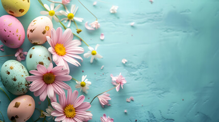 A Blue Background With Pink Daisies and Eggs