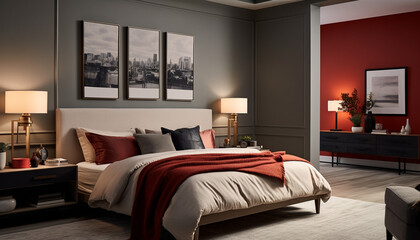 Modern bed with different pillows against grey wall with three art frames. Interior design of modern bedroom