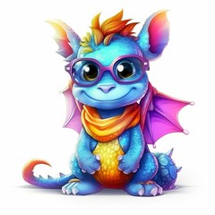 Baby dragon, in clothes and glasses, cartoon style, bright colors, pink and blue, fashionable.