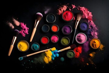 Some brushes make up with colorful powder concept on a black background, studio
