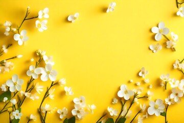Bright yellow paper background with soft little white flowers, welcome spring concept. Happy Mothers Day, Womens Day, Valentines Day or Birthday greeting card template