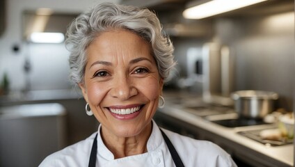 Senior mixed-race female chef with short curly gray hair and a genuine smile, standing in a professional kitchen environment.