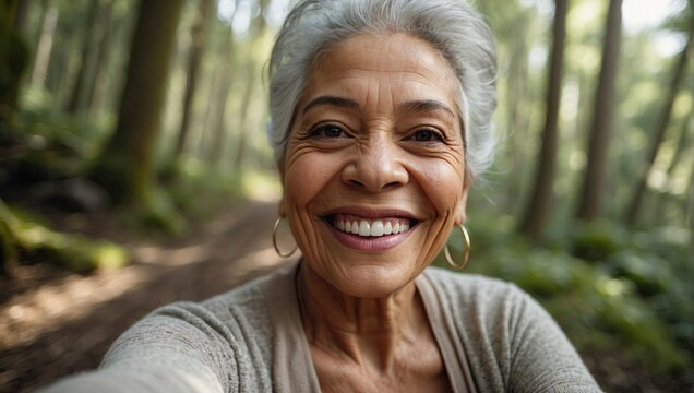 Elderly mixed-race woman with a beaming smile, taking a selfie in a lush green forest, wearing a neutral-toned cardigan.