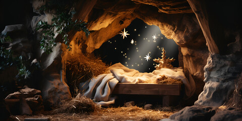 Empty bed in a cave with streaming light. Concept of resurrection and faith empty wooden manger, star of Bethlehem in cave. Birth of Jesus Christ, nativity scene background.AI Generative - obrazy, fototapety, plakaty
