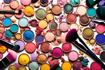 Close-up side view of professional make-up brush surrounded by heaps crashed in small pieces eyeshadow in pink, blue, yellow, green and purple colours isolated on white background. - obrazy, fototapety, plakaty