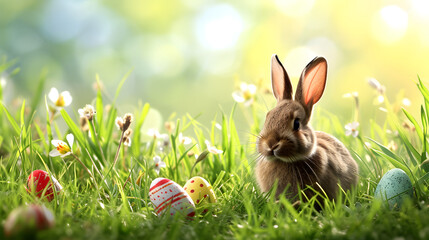 Rabbit Sitting in Grass Near Eggs - obrazy, fototapety, plakaty