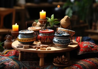 Traditional painted bowls on a round wooden table, illuminated by soft candlelight