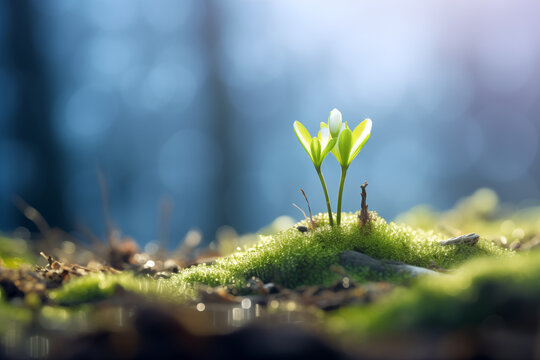 The arrival of spring with green sprout growing from ground and winter in background