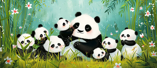 Mother panda care about babies  panda. Happy mothers day. Big family concept