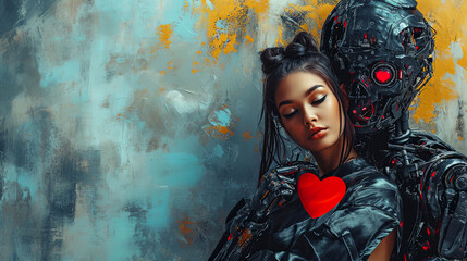 Futuristic portrait of woman and Cyborg Robot with heart. Happy valentines day