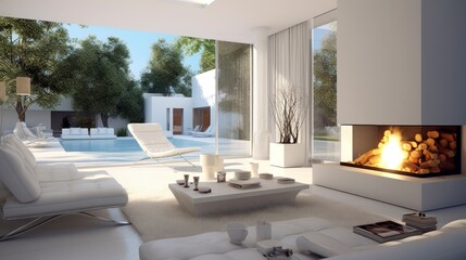 Modern white interior design with fireplace and beautiful backyard	