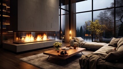 Interior design, stylish modern apartment at night, Large windows overlooking the mountains.	
