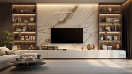 Modern marble TV wall with bookshelf. Home interior design.	
