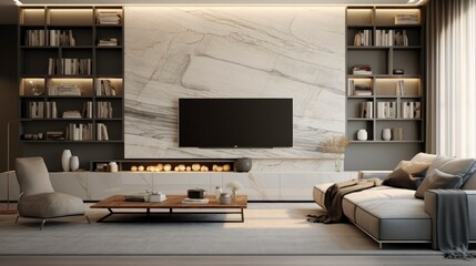 Modern marble TV wall with bookshelf. Home interior design.	
