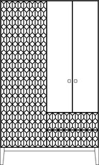 2D vector sketch. Mid century modern design cupboard isolated on white background. Geometric ornament pattern on door. Living room furniture.