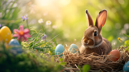 Fototapeta na wymiar Rabbit Sitting in the Grass Next to Eggs