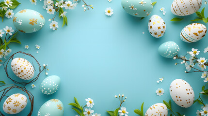 Blue Background With White Flowers and Eggs