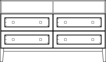 2D vector sketch. Mid century modern design chest of drawers isolated on white background.  Four drawers and two open shelves.