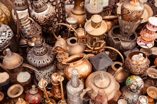 Variety of metal souvenirs in the flea market of Dubai