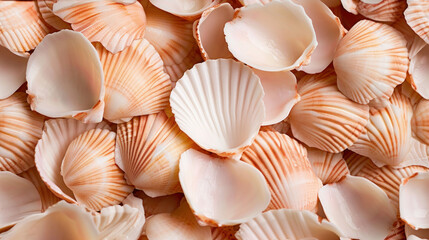  a pile of pink scallop shells sitting on top of a pile of other scallop shells on a bed of other scallop scallops.