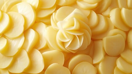  a close up view of a pile of sliced yellow potatoes with a large flower on top of the top of the pile of sliced yellow potatoes on the top of the pile.