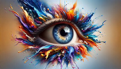 An intensely detailed human eye is captured mid-gaze, surrounded by a vibrant explosion of colorful paint splashes, symbolizing creativity and the spectrum of human vision.AI generated. - obrazy, fototapety, plakaty