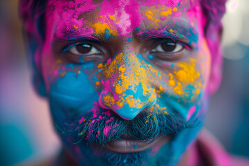 closeup of Indian man with moustache and face covered with golden, blue, pink powder in Holi spring festival