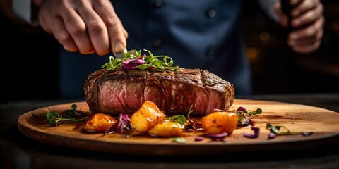 Exquisite steak on wooden platter, perfect for restaurant menus. a delectable dish styled professionally. culinary delight captured beautifully. chef finishing touches in the background. AI