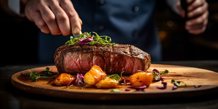 Exquisite steak on wooden platter, perfect for restaurant menus. a delectable dish styled professionally. culinary delight captured beautifully. chef finishing touches in the background. AI
