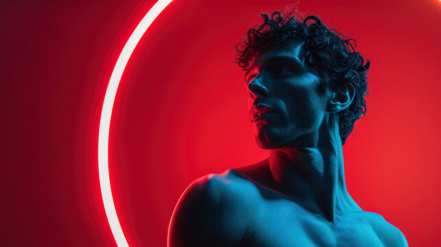 Young man athlete in the studio against the background of red neon backlight.