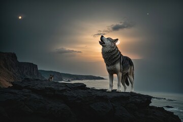 alone Wolf Standing on a Cliff Howling on Full Moon on beach