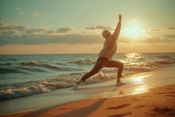 Fototapeta na wymiar Active Elderly Woman Stretching on Beach at Sunset. Fit senior woman doing lunges on the beach during sunset, engaging in a healthy lifestyle and fitness routine.
