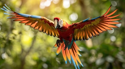 Colorful macaw parrot in flight against the backdrop of a tropical beach.
