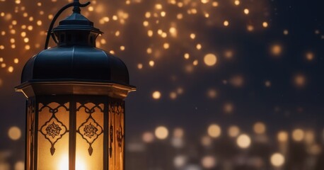 Traditional Islamic lanterns stand against the backdrop of a night city and starry sky. Signifies the coming of Ramadan.