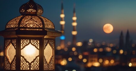 Traditional Islamic lanterns stand against the backdrop of a night city and starry sky with moon. Signifies the coming of Ramadan.