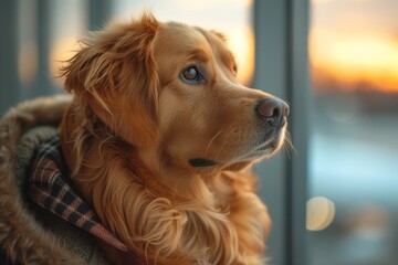 A majestic golden retriever, belonging to the sporting group, gazes out the window with longing, its brown fur illuminated by the warm indoor light, yearning for the freedom of the outdoor world