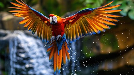 Colorful macaw parrot in flight against the backdrop of a tropical beach. - obrazy, fototapety, plakaty