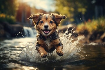playful happy pet dog puppy running in water