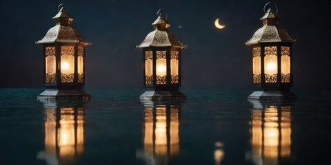 Traditional Islamic lanterns stand by the water against a backdrop of a night city and a starry sky with moon. Signifies the coming of Ramadan.