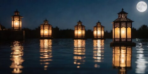 Traditional Islamic lanterns stand by the water against a backdrop of a night city and a starry sky with moon. Signifies the coming of Ramadan.