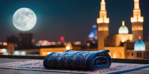 traditional prayer mats on the background of the night city and starry sky with the moon. Signifies the coming of Ramadan.