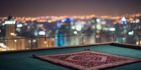 traditional prayer mats on the background of the night city and starry sky. Signifies the coming of Ramadan.