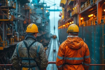 Two hard-working men dressed in bright orange and yellow workwear stand on a busy city street, gazing up at a towering building with determination and pride, their hard hats and overalls reflecting t