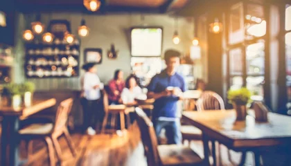 Fotobehang blurred background image of coffee shop abstract blur background with people in cafe vintage color tone style © Kristopher